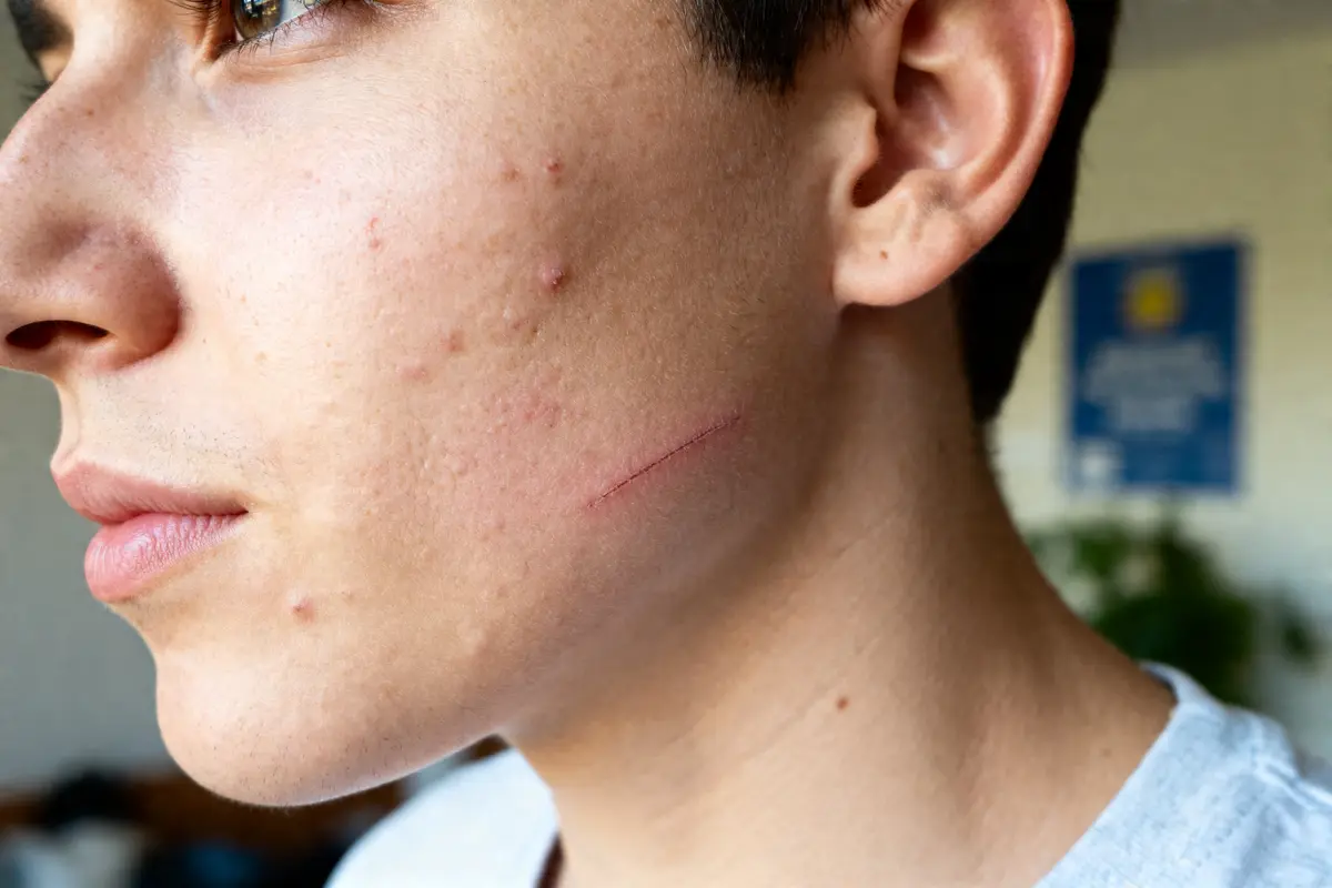 Profil avec cicatrice acné sur joue, idéal pour traitement laser cicatrice acné.
