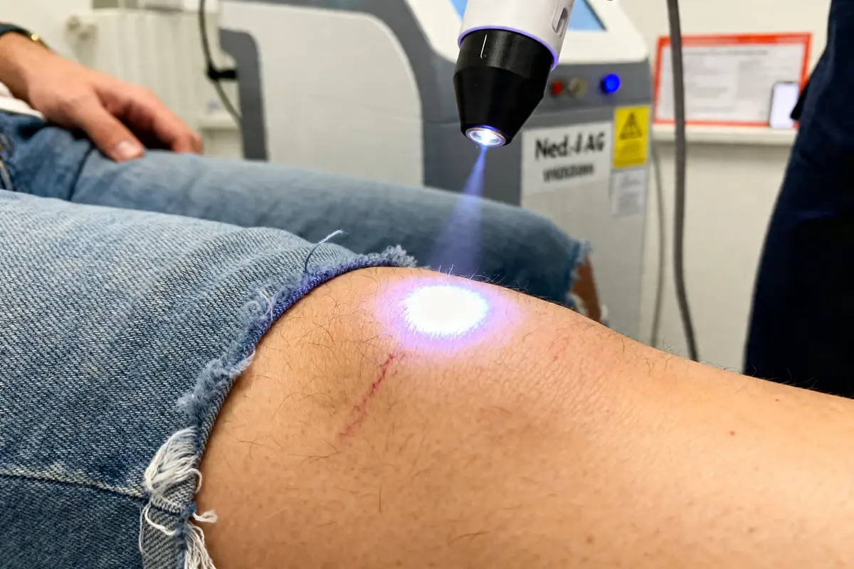 Traitement de cicatrice au laser neodimio yag sur genou d'une personne en jeans
