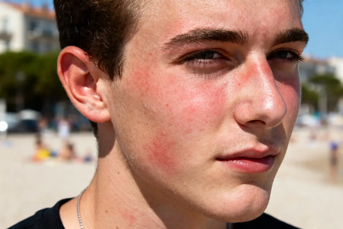 Jeune homme avec éruption cutanée due à la lucite polymorphe en extérieur ensoleillé
