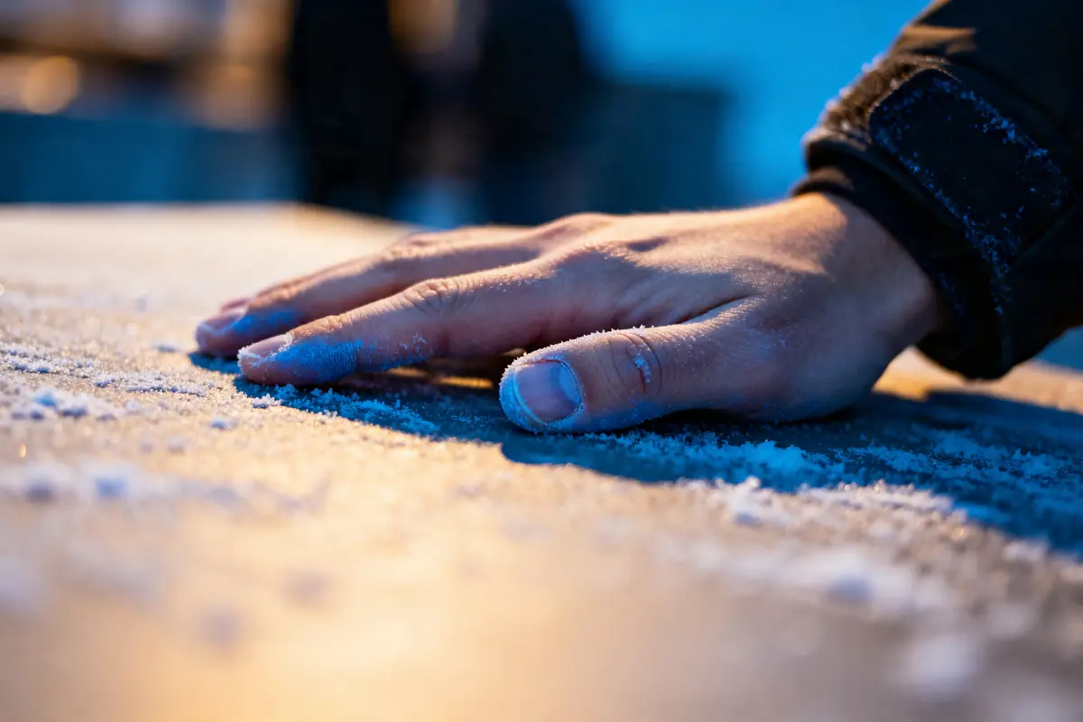 Main froide posée sur surface givrée avec lumière bleue environnante