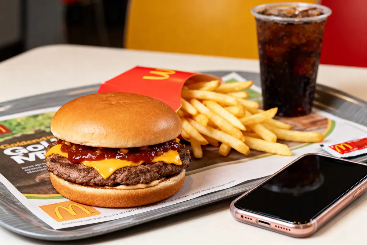 pexels-michal-pech-213601-757318 (1) Burger, frites, soda sur un plateau McDonald's avec un smartphone posé à côté, sur une table.