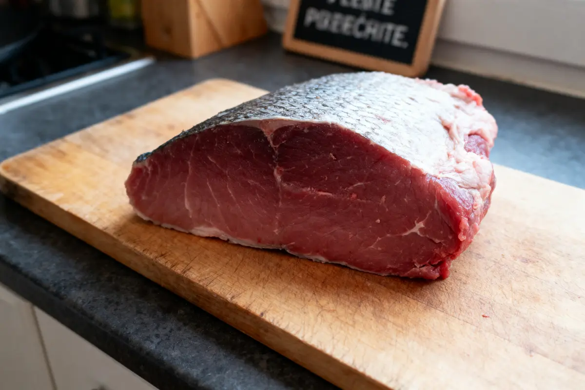 Morceau de viande crue avec peau argentée sur planche à découper en bois.