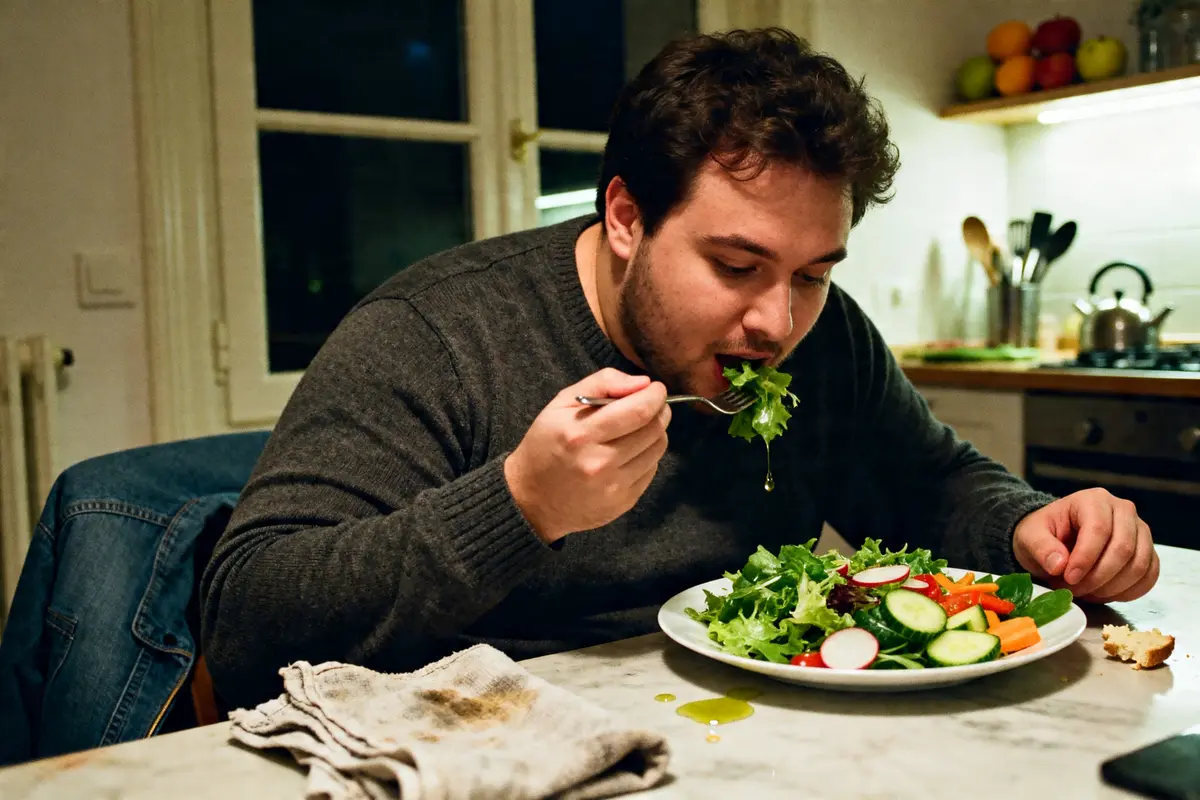 Homme mangeant une salade pour accompagner la metformine et perte de poids à table