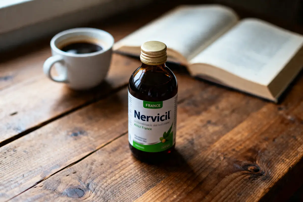 Bouteille de Nervicil sur table en bois avec café et livre ouvert proche.