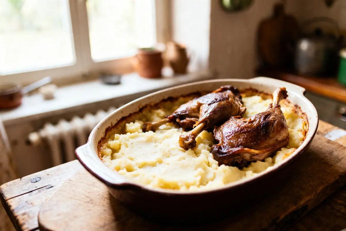 Plat de purée de pommes de terre avec confit de canard dans un plat en céramique, sur une table en bois.