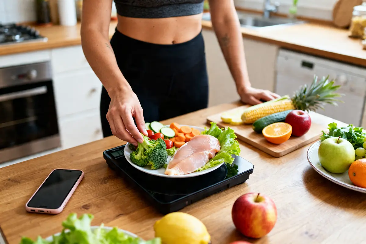 Personne préparant un repas sain pour perdre 5 kilos en 1 semaine avec légumes et fruits