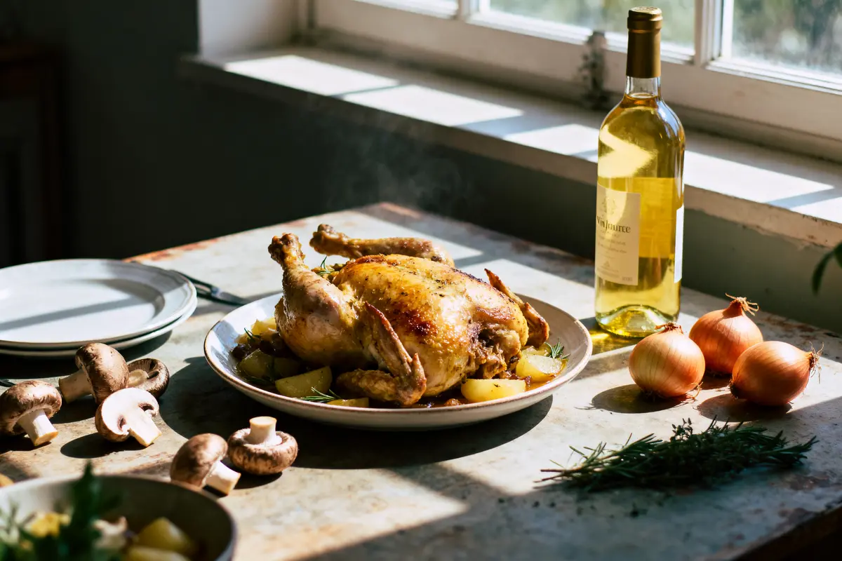 Poulet rôti sur assiette, bouteille de vin blanc, champignons, oignons et herbes sur table ensoleillée.