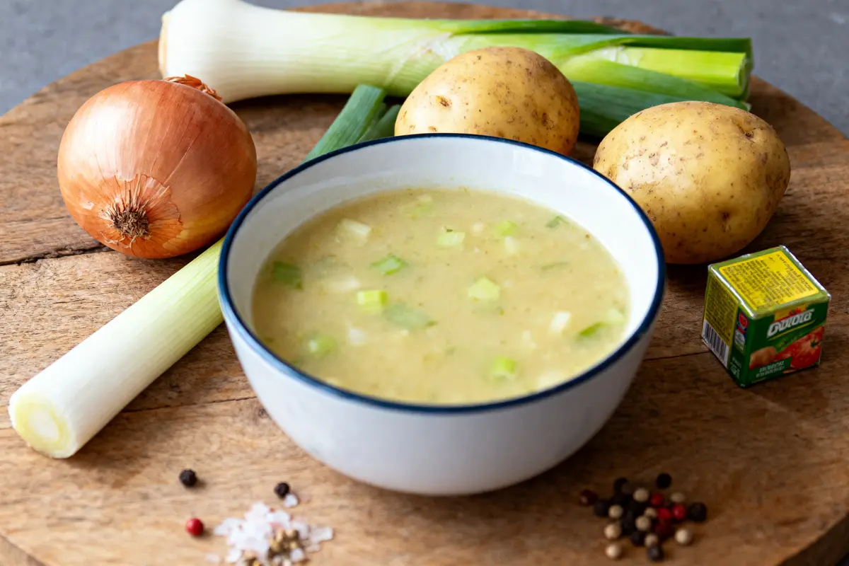 Bol de soupe avec pommes de terre, oignon, poireau, épices sur une table en bois.