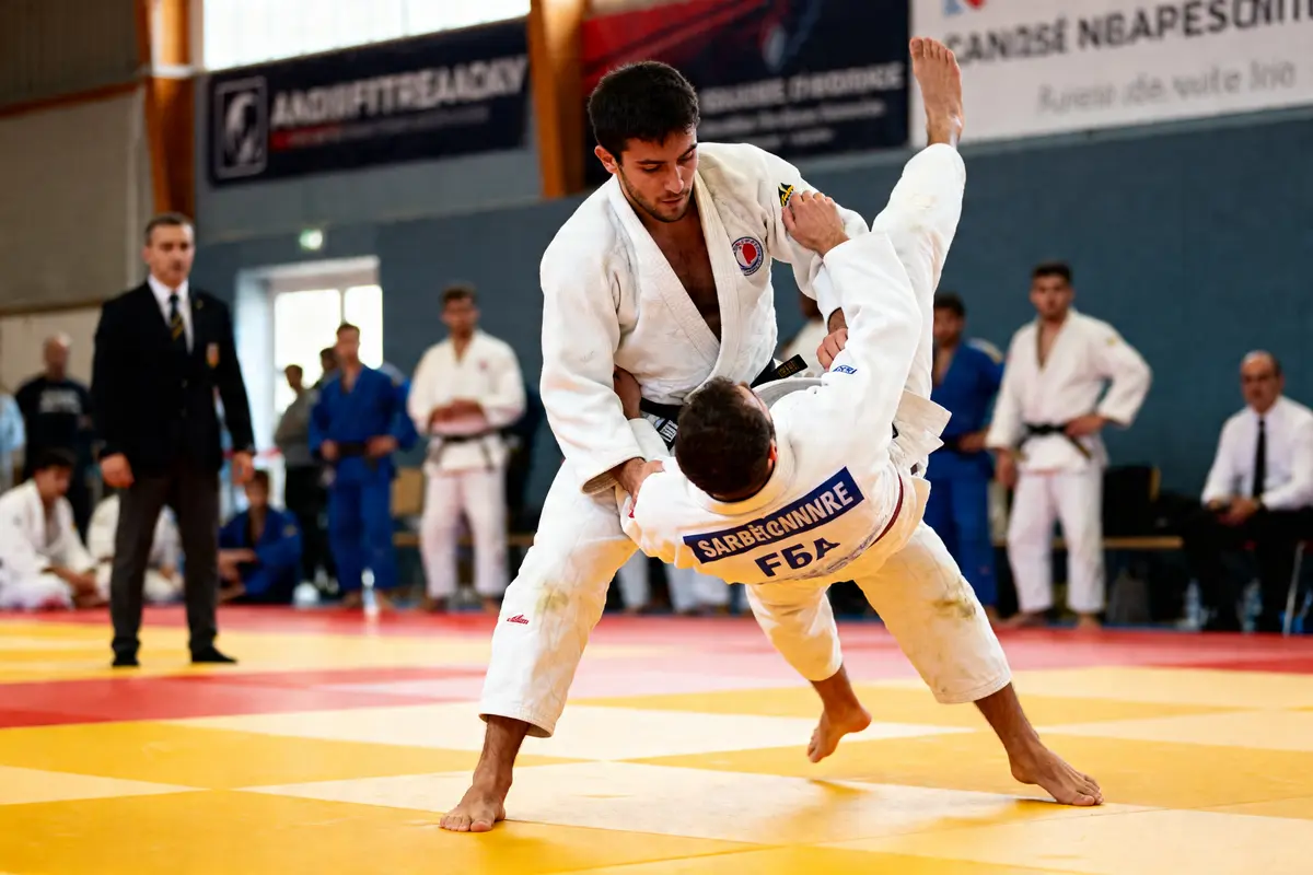 Judokas en action démontrant des prises du judo lors d'une compétition sur tatami
