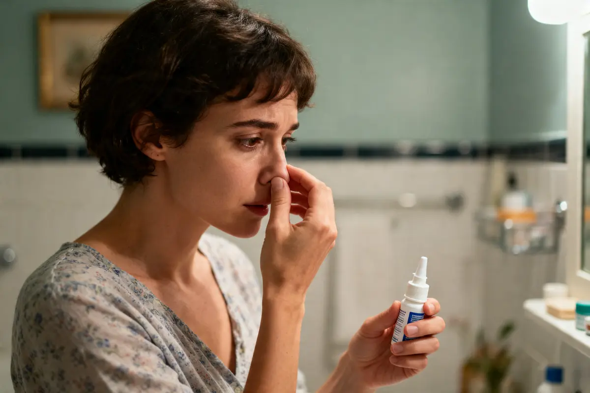 Femme appliquant un spray nasal pour savoir que faire pour un nez irrité à l'intérieur