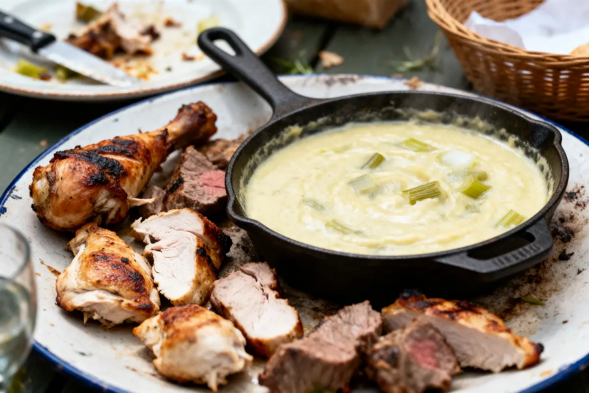 pexels-michal-pech-213601-757318 (1) Assiette avec poulet grillé, bœuf rôti et purée au céleri dans une poêle en fonte.