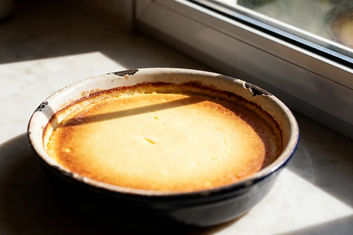 Tarte au citron dans un plat, éclairée par la lumière du soleil à travers une fenêtre.
