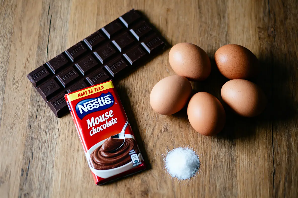Tablette de chocolat noir, paquet de mousse au chocolat, cinq œufs et sucre posés sur une table en bois.