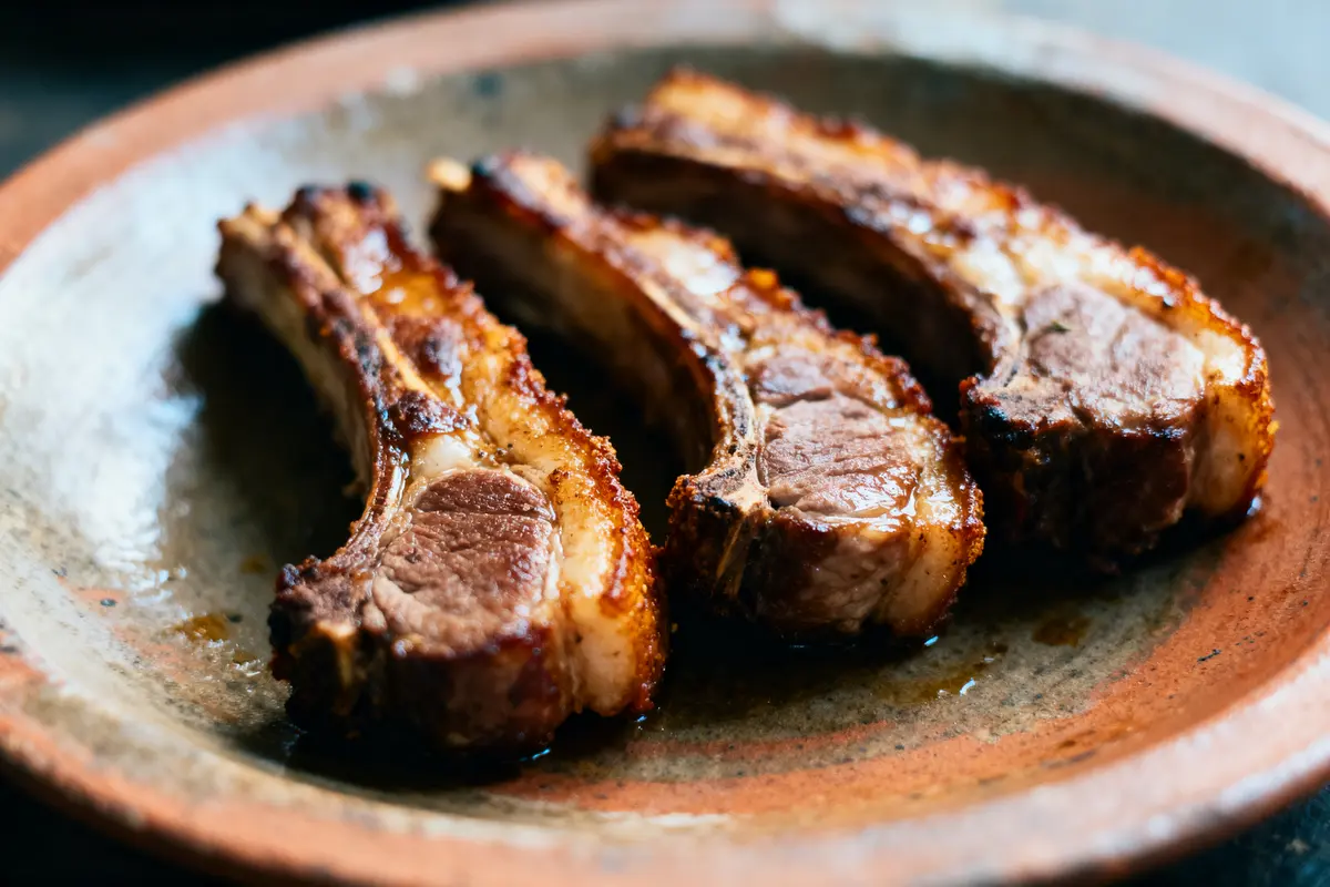 Trois côtelettes d'agneau grillées sur une assiette en céramique, avec une cuisson dorée et appétissante.