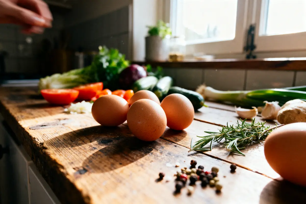 Ingrédients de cuisine sur table en bois : œufs, légumes, herbes, épices près d'une fenêtre ensoleillée.