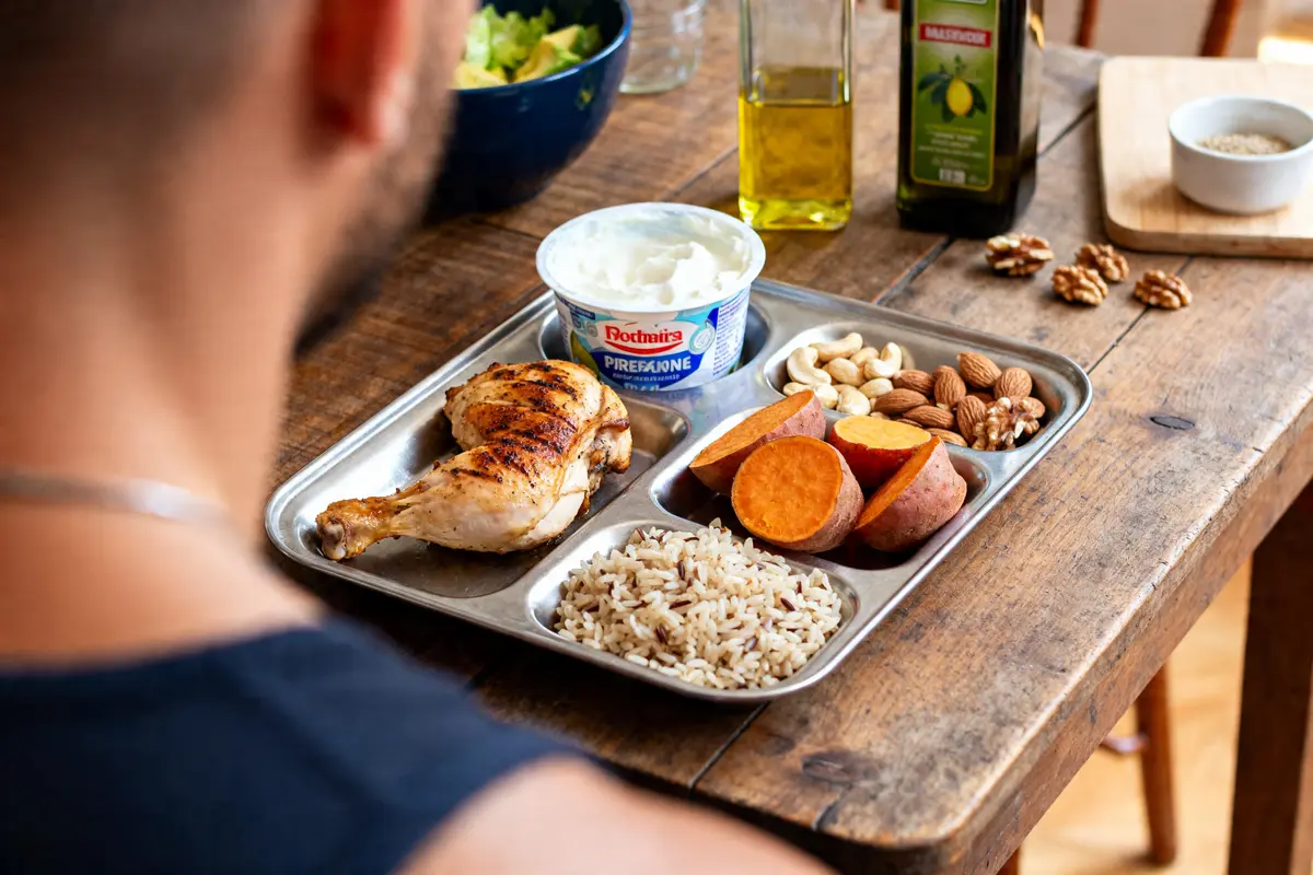 Homme devant plateau repas équilibré pour recettes pour prise de masse avec poulet et légumes