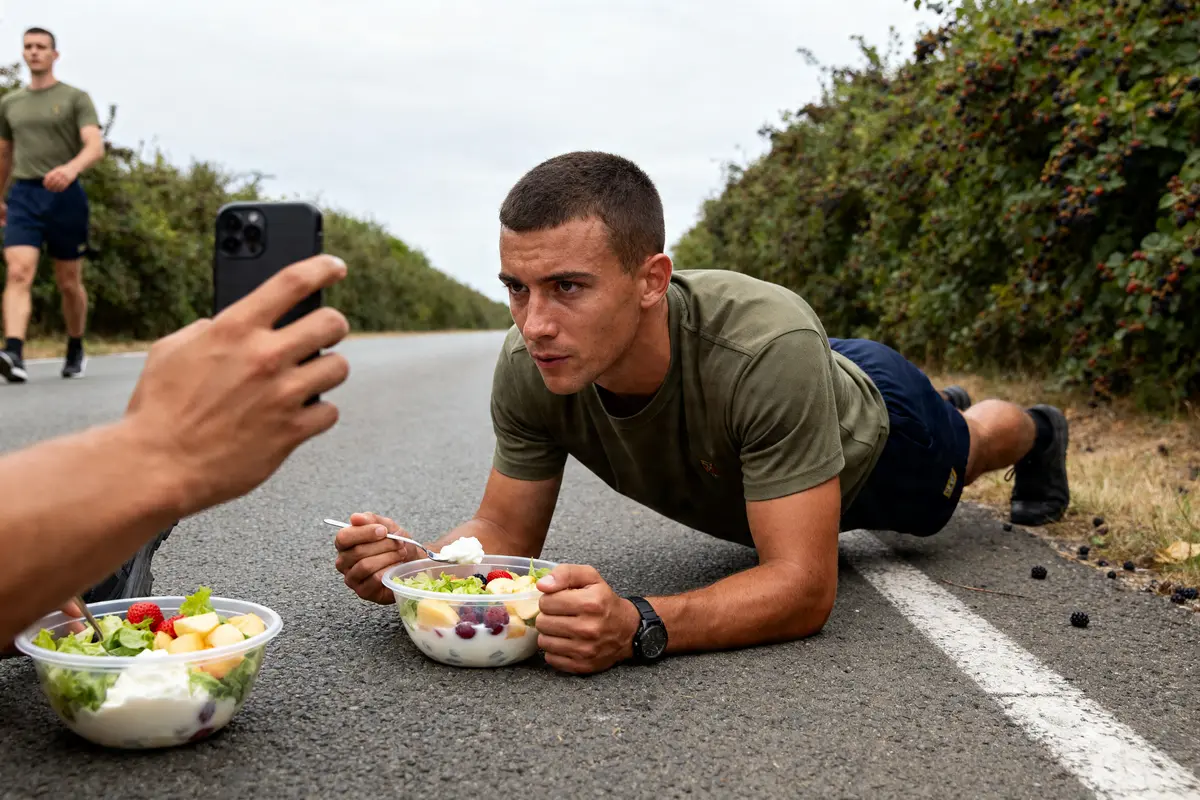 Jeune homme en planche sur la route régime militaire perdre 8 kilos en 1 semaine