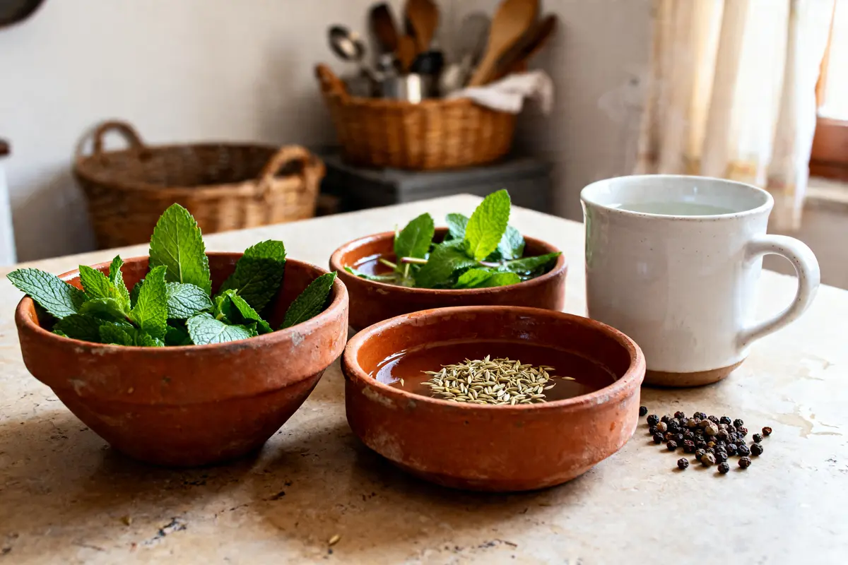 Feuilles de menthe et épices, remède de grand-mère pour l'aérophagie, préparées en infusion