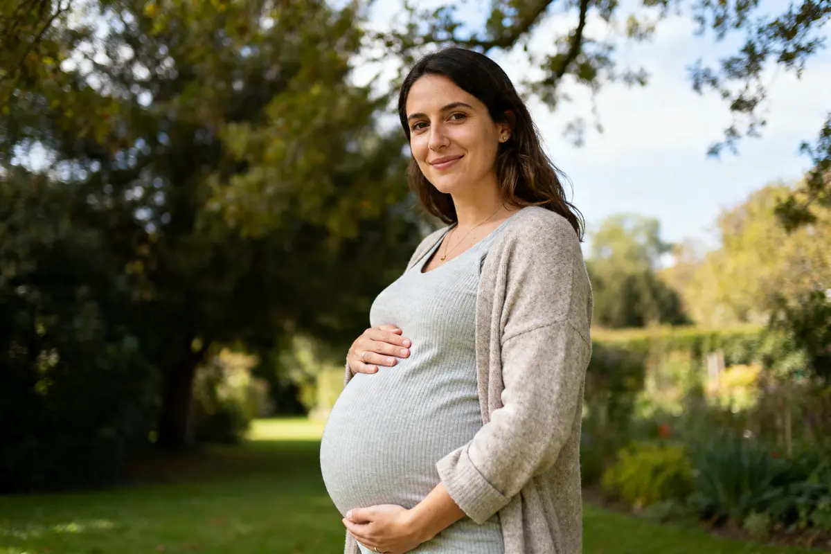 Femme enceinte dehors souriant tendrement semaine de grossesse 10 dans la nature verdoyante