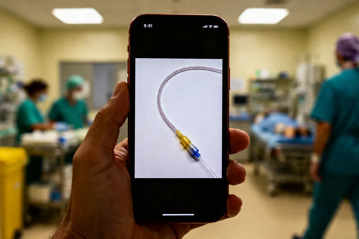 Main tenant un téléphone montrant une sonde jj en salle d'opération médicale