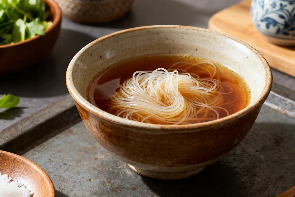 Bol de soupe vermicelle de grand-mère avec bouillon et herbes fraîches sur la table