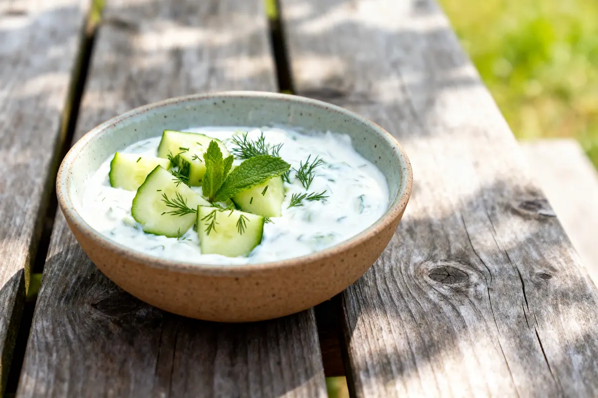 Bol de tzatziki avec concombres, menthe et aneth, sur table en bois.