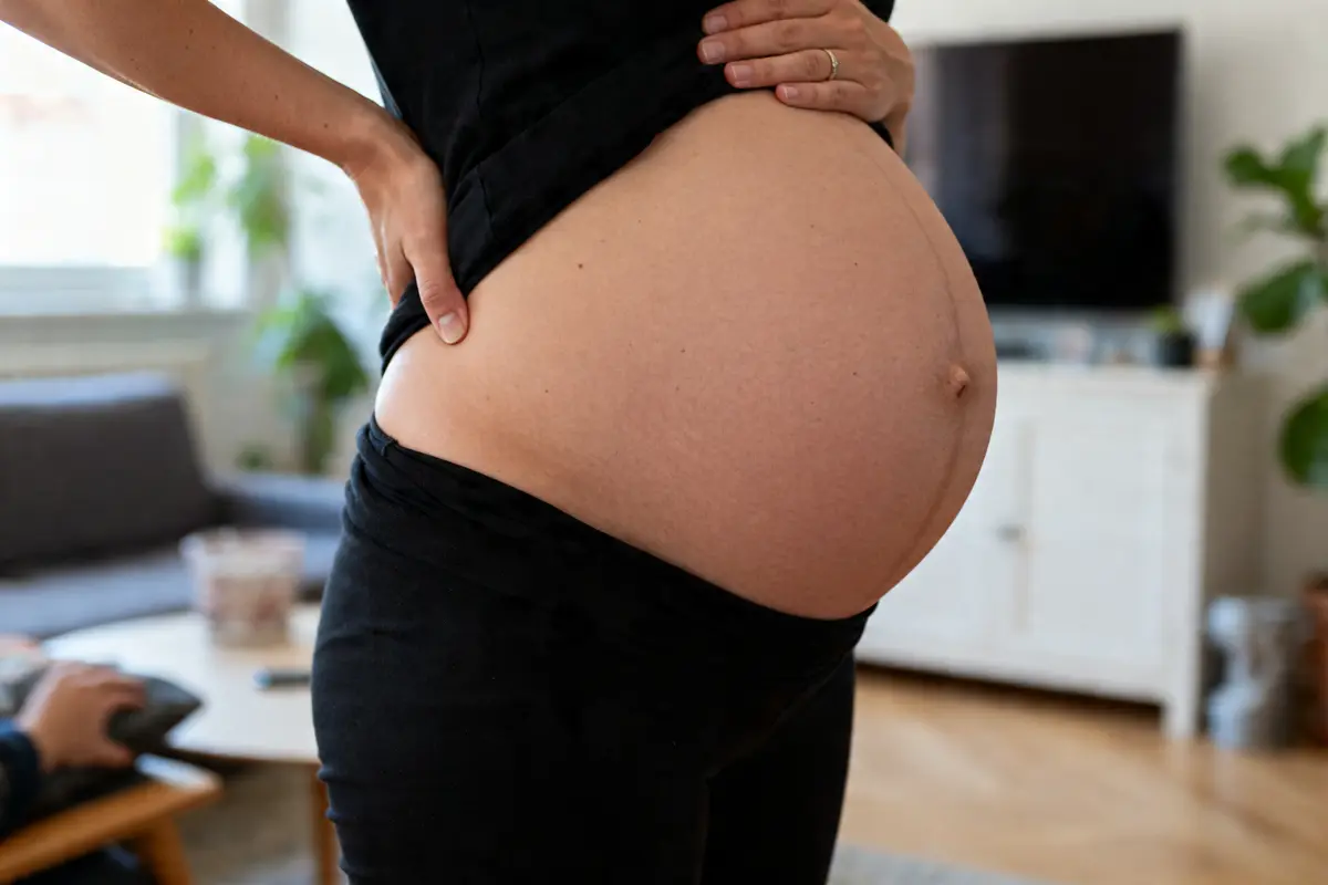 Femme enceinte avec un ventre dur et grossesse visible dans un salon lumineux