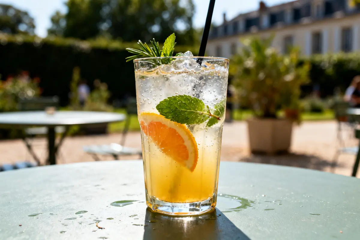 Verre de cocktail sans alcool agrémenté de menthe et orange en terrasse ensoleillée