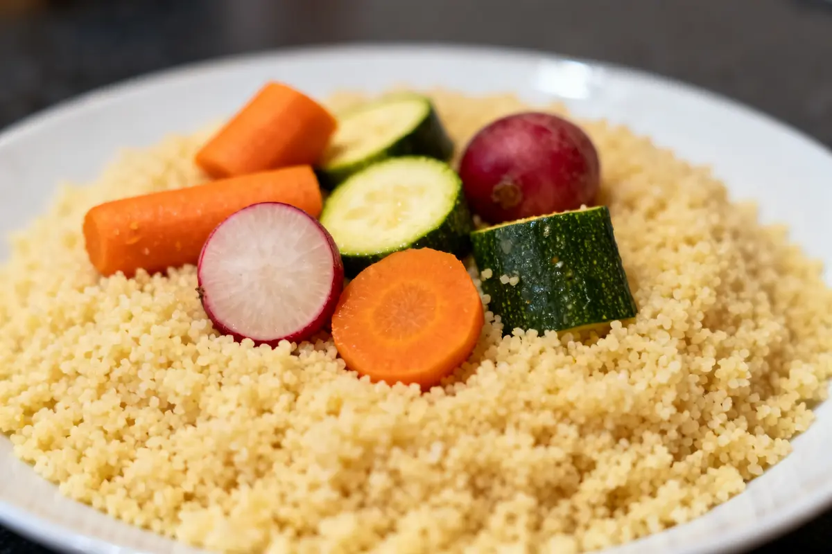 Assiette de couscous garnie de légumes frais variés comme carottes et courgettes