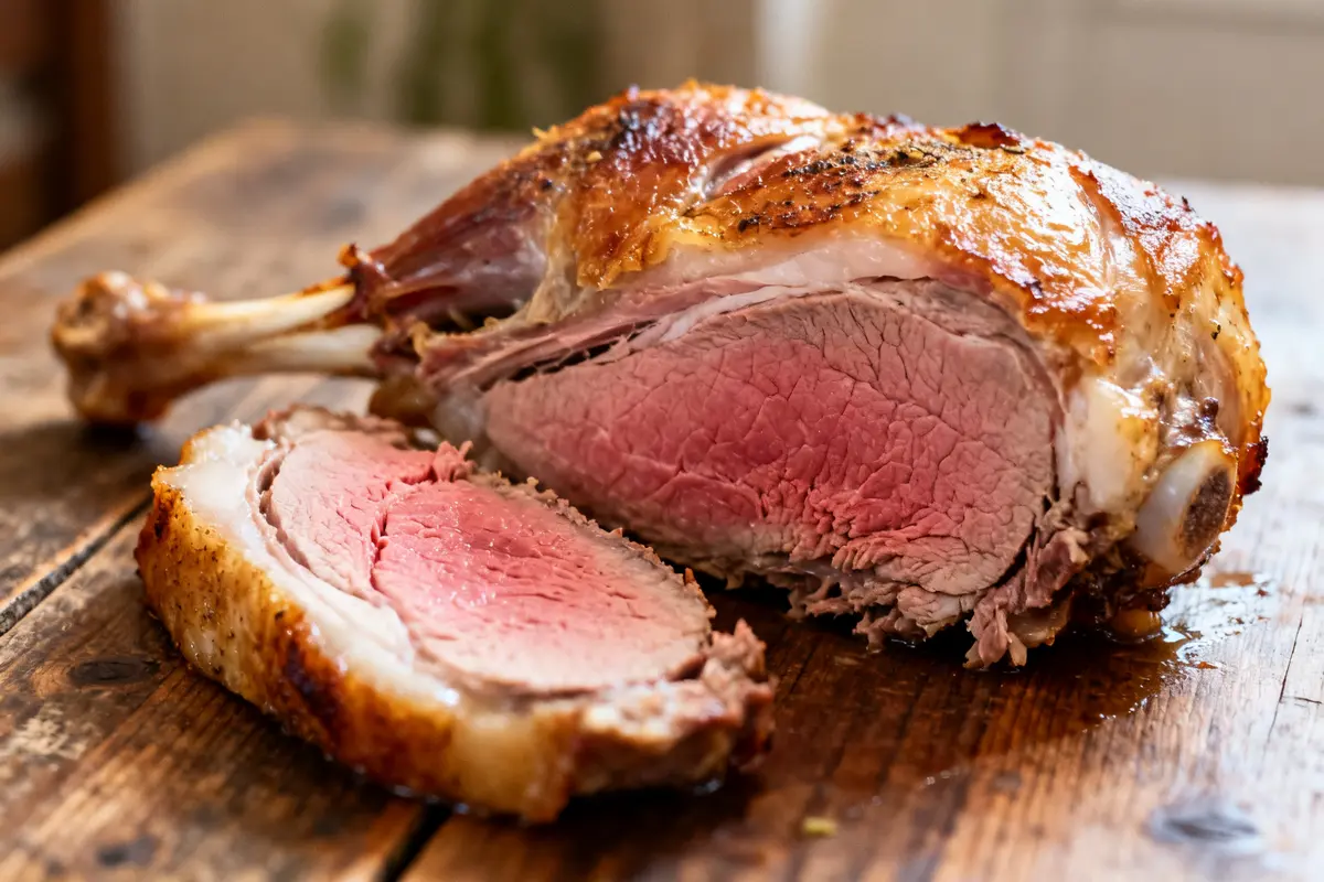 Tranche juteuse et cuite de gigot d'agneau sur une table en bois