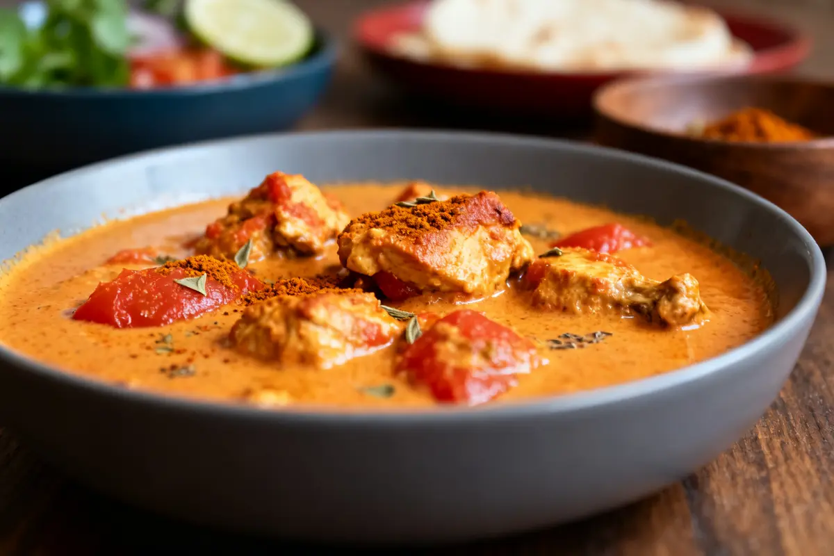 Plat de poulet tikka massala avec sauce crémeuse et épices visibles dans un bol