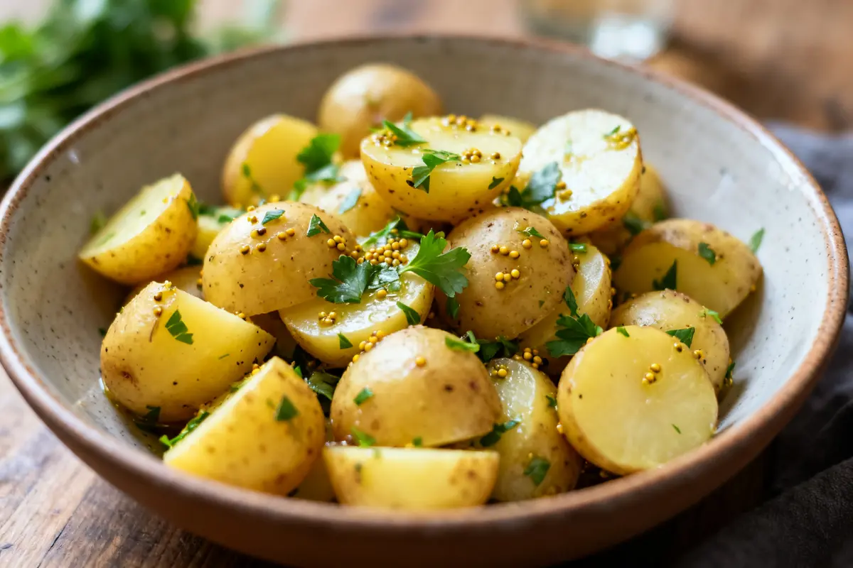 Bol de salade de pomme de terre aux herbes et moutarde, appétissant et coloré