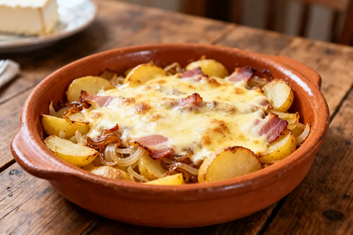 Plat de tartiflette au fromage fondu dans un plat en terre cuite sur table rustique