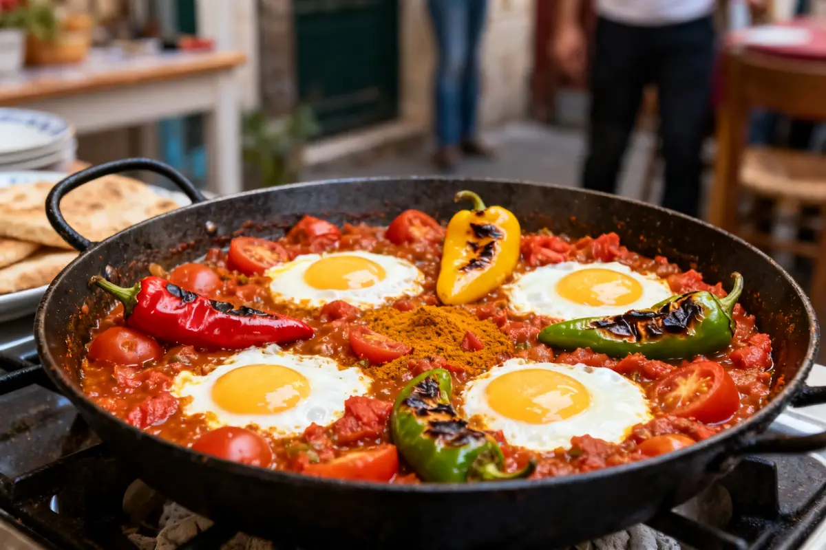 Plat marocain de tchoutchouka avec œufs au plat et poivrons colorés en plein air