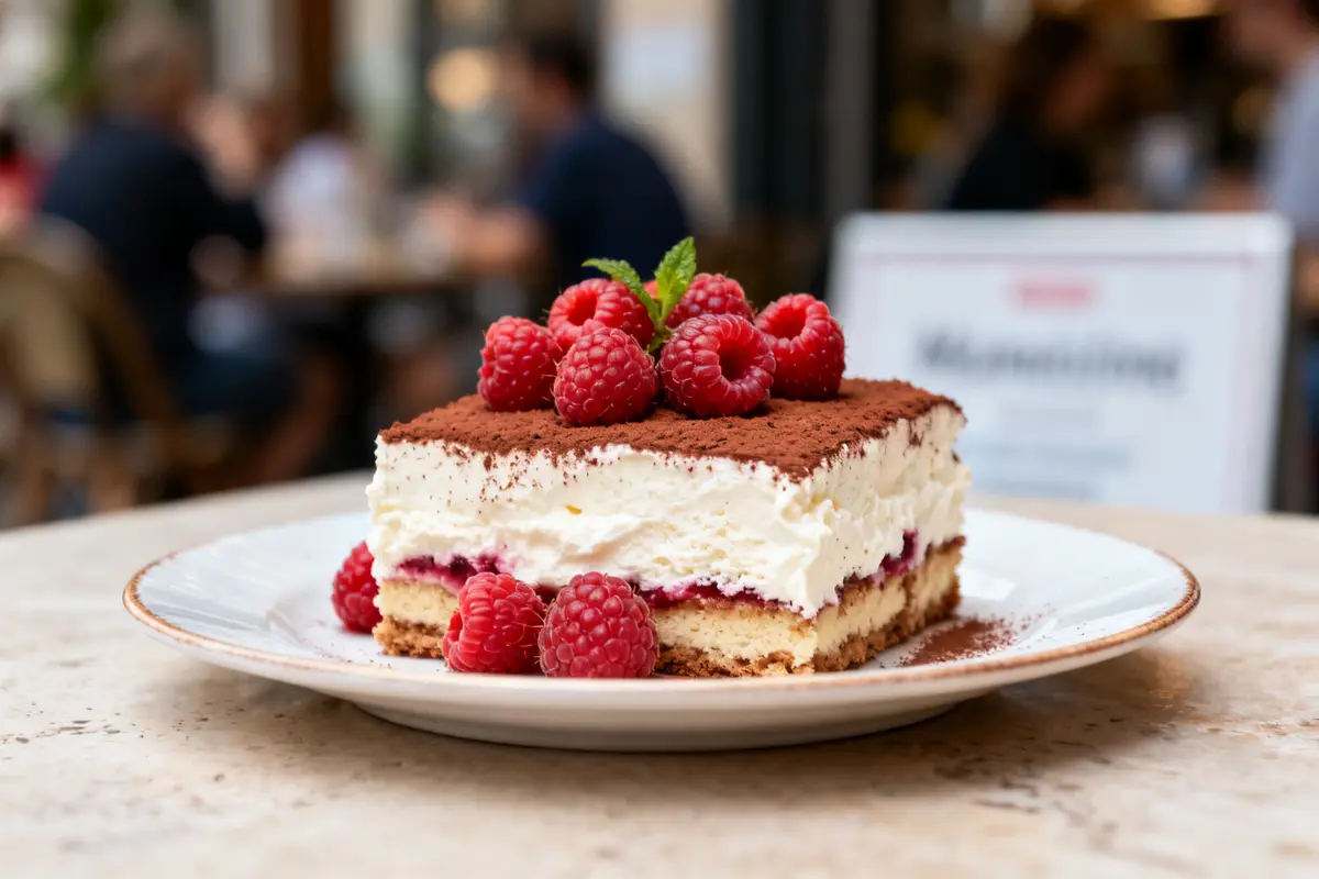 Portion de tiramisu framboise avec framboises fraîches et cacao sur assiette blanche décorative