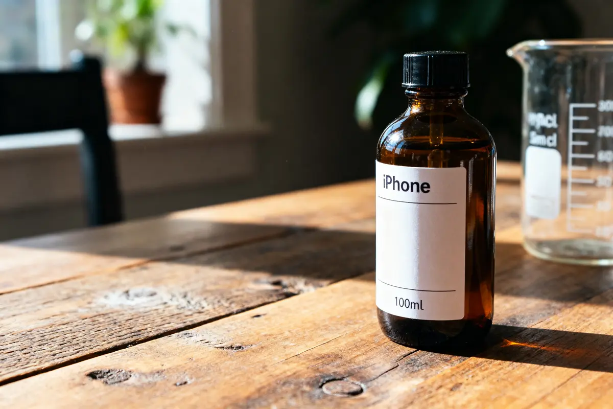 Bouteille en verre étiquetée iPhone sur table en bois avec flacon gradué 100 ml en cl