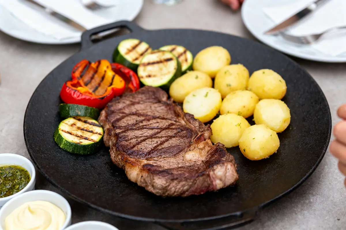 Grillade de viande avec légumes et pommes de terre comme accompagnement pour pierrade