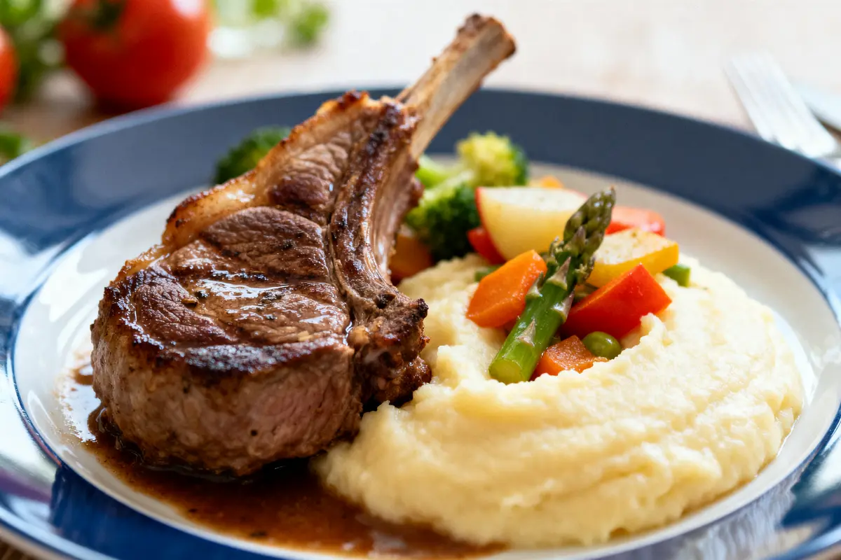 Côtelette d'agneau avec accompagnement purée viande et légumes frais colorés
