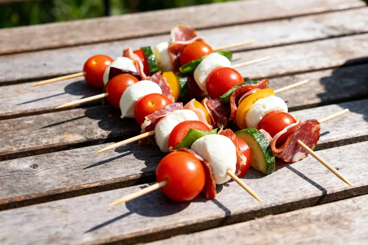 Brochettes colorées apéro brochette avec tomates mozzarella et légumes sur table en bois