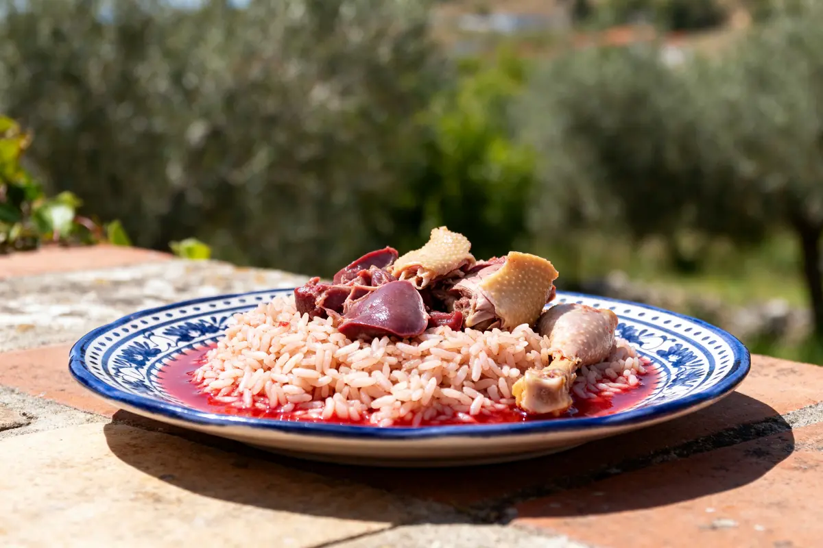pexels-michal-pech-213601-757318 (1) Assiette de arroz de cabidela traditionnel avec riz et morceaux de volaille à l'extérieur