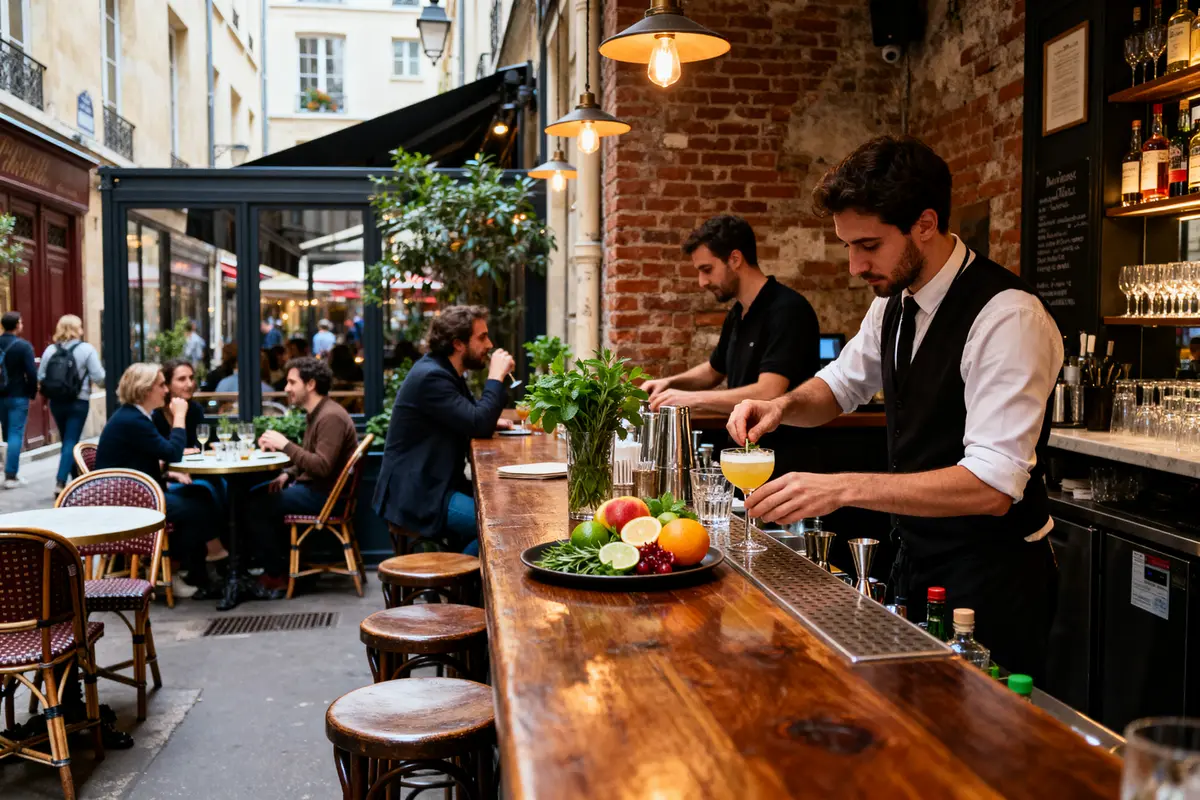 Barman préparant des cocktails dans un bar à cocktail à Lyon avec des clients attablés