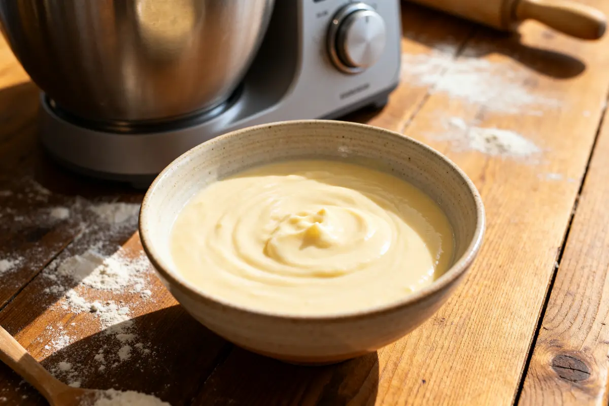 Bol de béchamel au Thermomix sur table en bois avec robot culinaire.