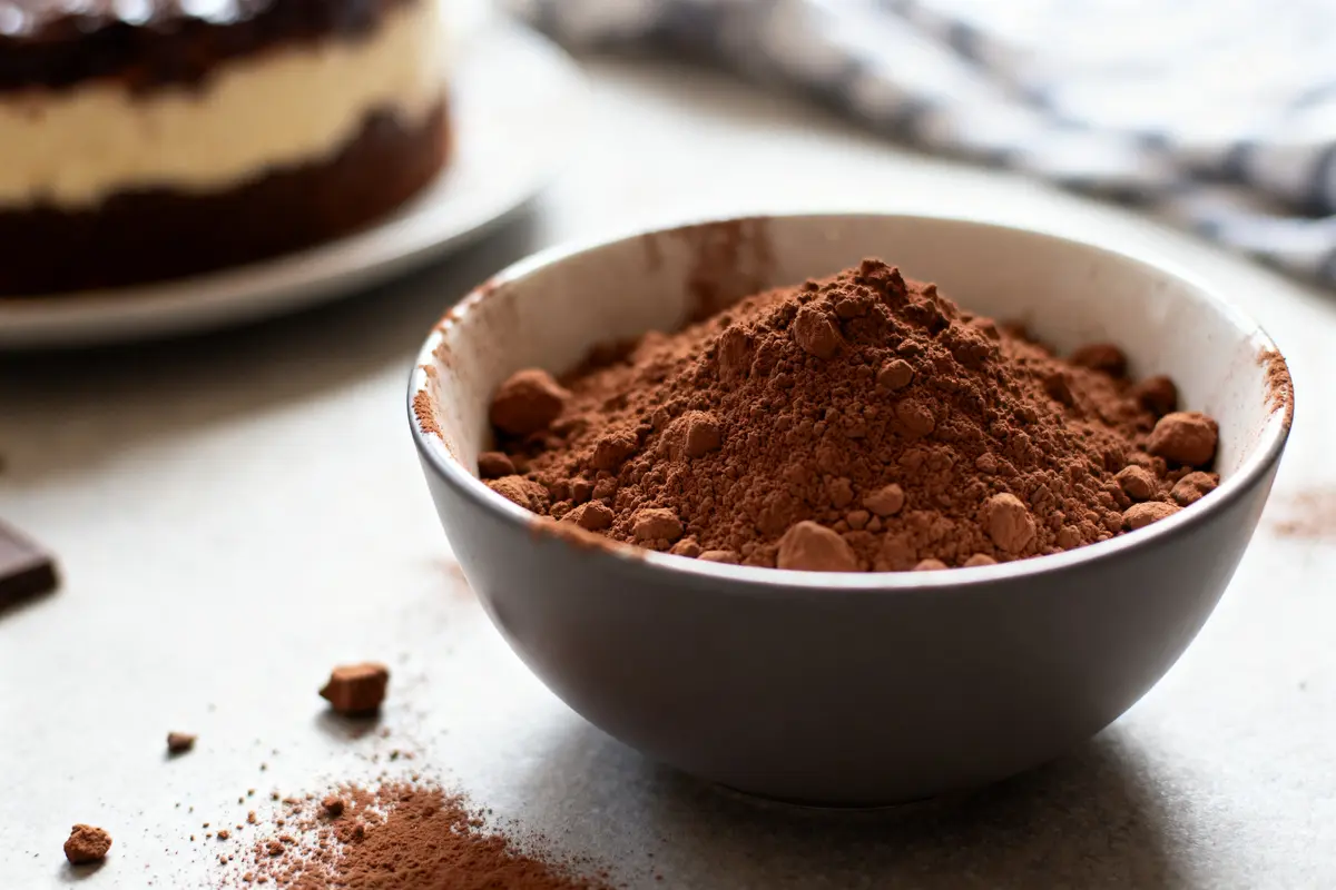 Bol de cacao pour gâteau sur table avec gâteau en arrière-plan
