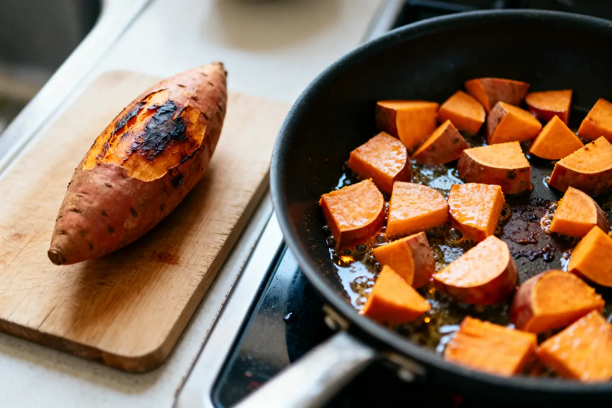 pexels-michal-pech-213601-757318 (1) Patate douce entière et cubes dans poêle illustrant comment cuire les patates douces sur cuisinière