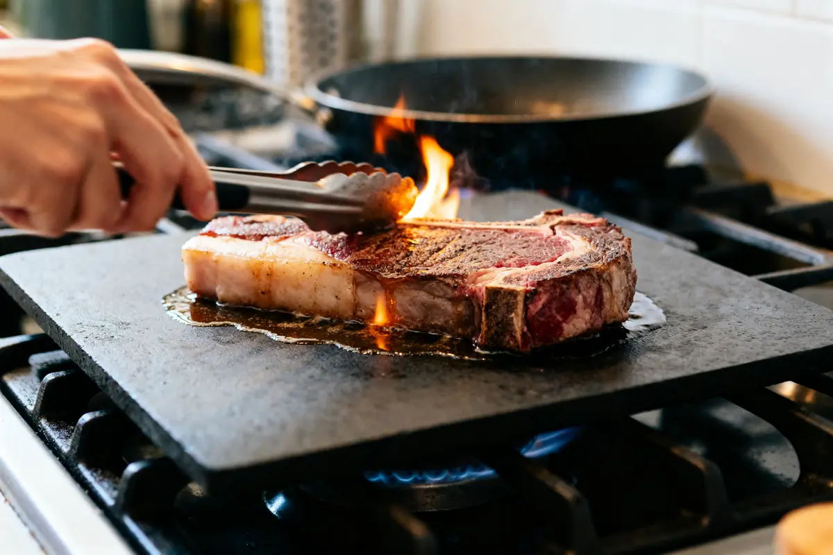 Cuisson de la basse-côte sur plaque chauffante avec flammes et pinces.