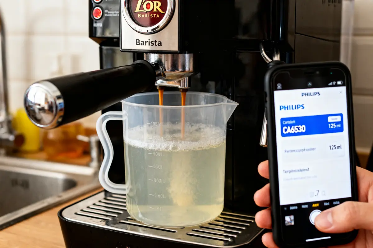 Machine L’Or Barista avec détartrage en cours utilisant un liquide dans un récipient gradué