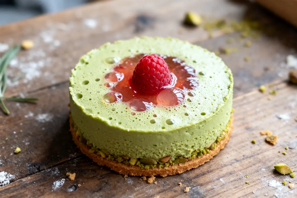 Entremet framboise-pistache avec mousse pistache et framboise fraîche sur biscuit croquant