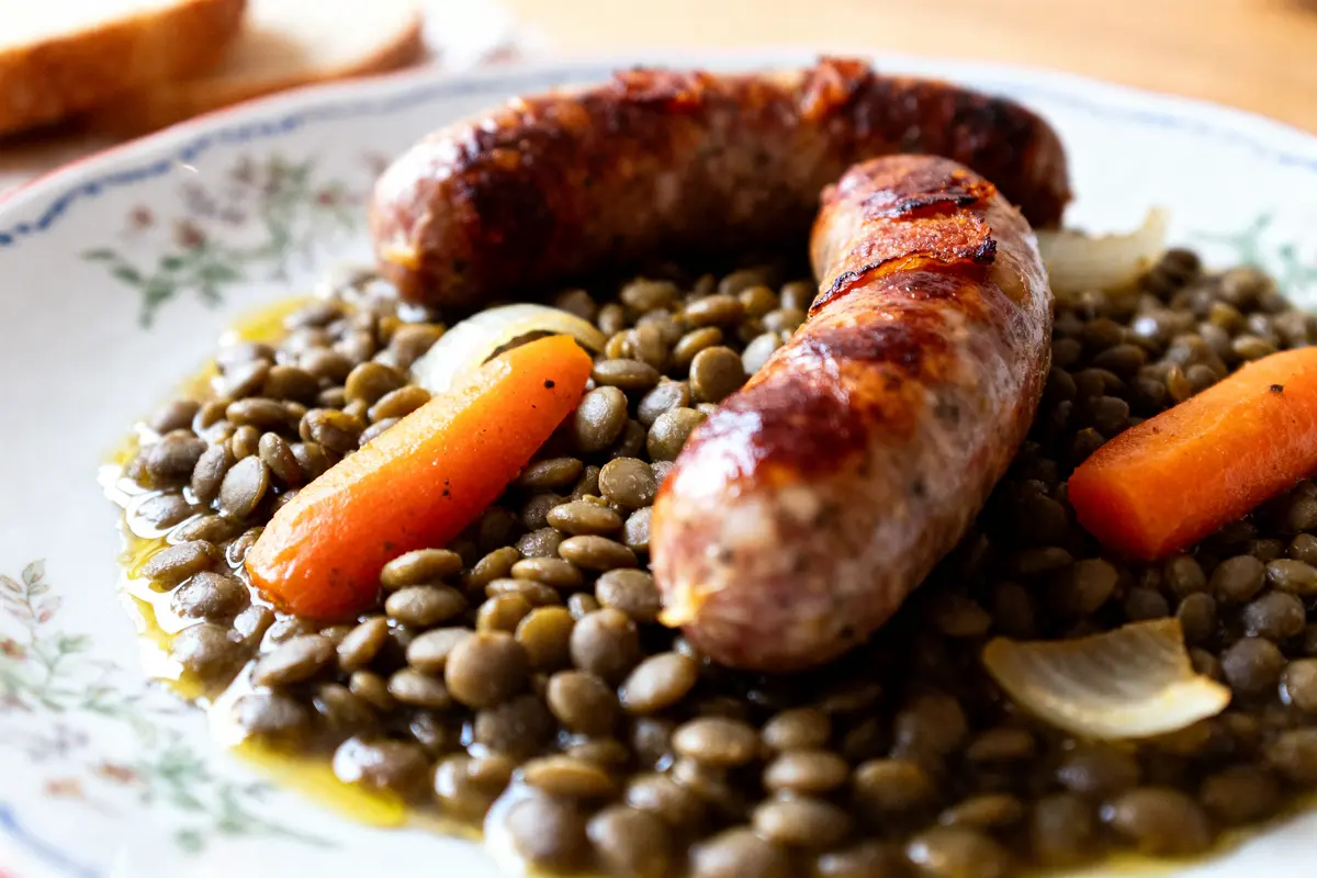 Plat de lentilles et saucisses de Toulouse avec carottes et oignons sur une assiette.