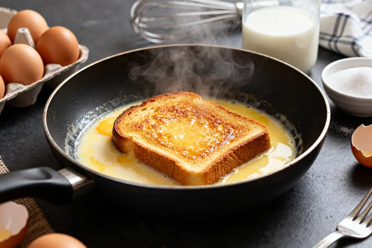 Tranche de pain perdu dans une poêle avec œuf, lait et sucre en préparation