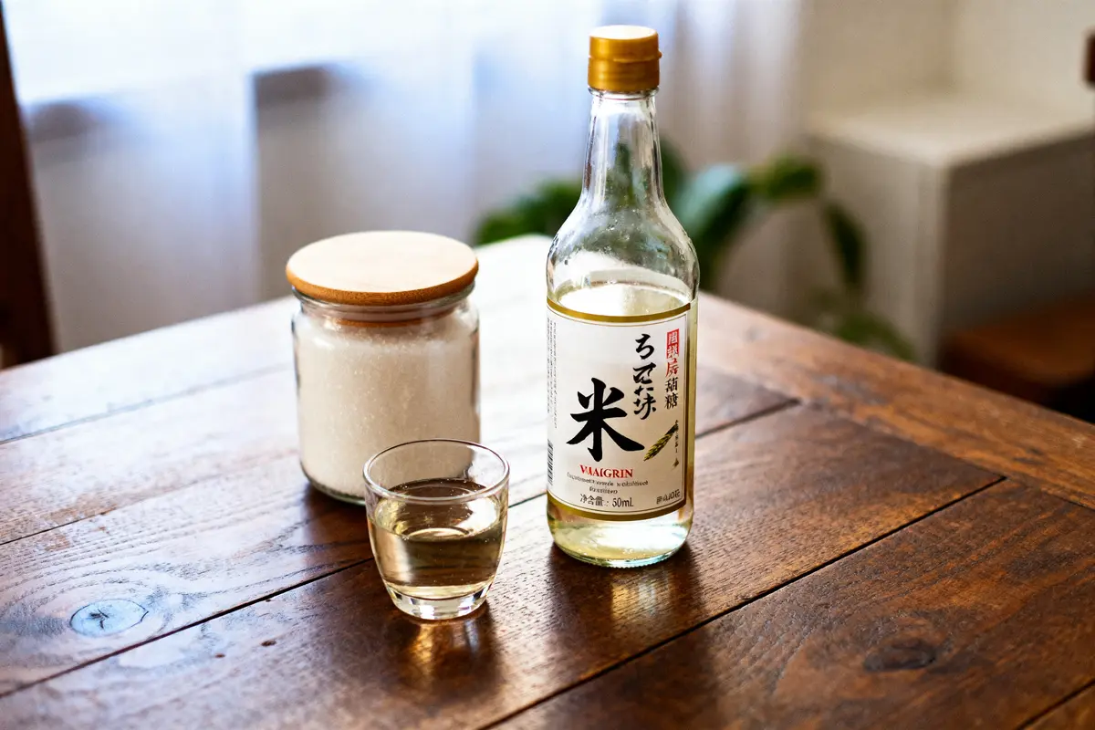 Bouteille de mirin sur table en bois avec verre et pot par quoi remplacer le mirin